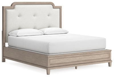 Jorlaina California King Upholstered Panel Bed, Dresser and Mirror