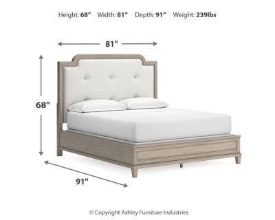 Jorlaina California King Upholstered Panel Bed, Dresser and Mirror