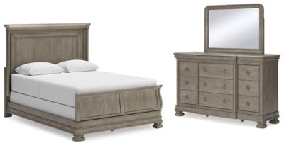 Cama tipo trineo Lexorne Queen, tocador y espejo