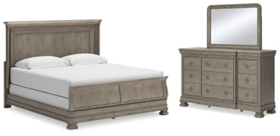 Cama tipo trineo Lexorne King, cómoda y espejo