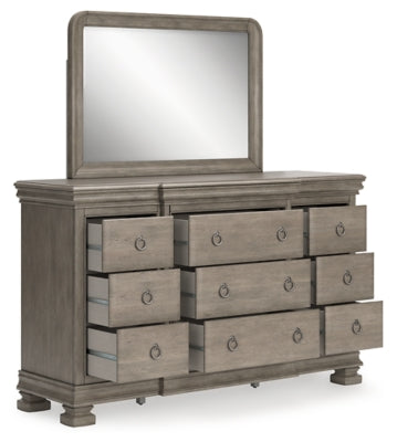 Cama tipo trineo Lexorne King, cómoda y espejo
