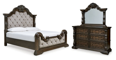 Cama Queen tapizada, tocador y espejo Maylee