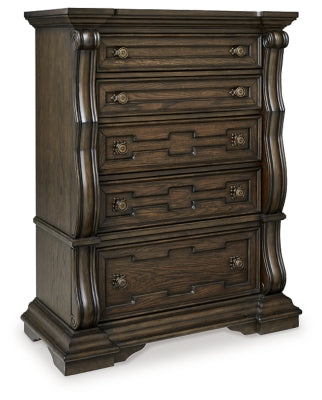 Maylee King Upholstered Bed, Dresser, Mirror, Chest and 2 Nightstands