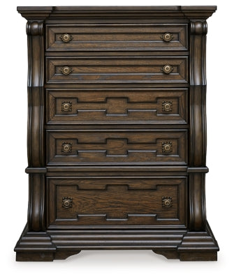 Maylee King Upholstered Bed, Dresser, Mirror, Chest and 2 Nightstands