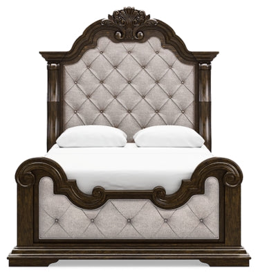 Cama Queen tapizada Maylee, cómoda, arcón y mesita de noche