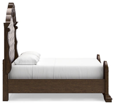 Cama Queen tapizada Maylee, cómoda, arcón y mesita de noche