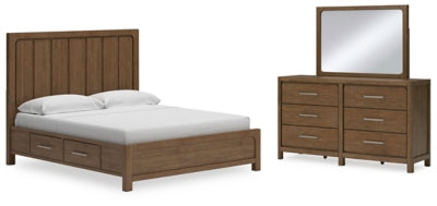 Cama California King Cabalynn con paneles, espacio de almacenamiento, tocador y espejo