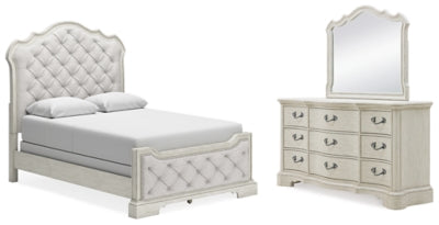 Cama Queen tapizada Arlendyne, tocador y espejo