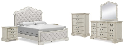 Cama Arlendyne King con paneles, tocador, espejo, cómoda y dos mesitas de noche