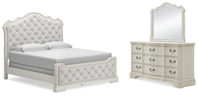 Cama Arlendyne King tapizada, cómoda y espejo