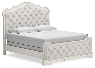 Cama Arlendyne King tapizada, cómoda y espejo