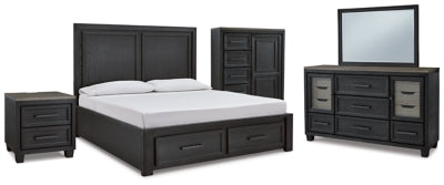 Cama King con almacenamiento, tocador, espejo, cómoda y mesita de noche Foyland Cal