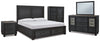 Cama King con almacenamiento, tocador, espejo, cómoda y mesita de noche Foyland Cal