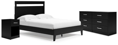 Cama Queen con plataforma y paneles Finch, tocador y mesita de noche