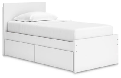 Cama de plataforma con dos paneles Onita y almacenamiento en un lado