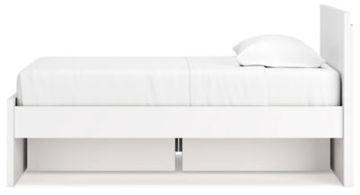 Cama de plataforma con dos paneles Onita y almacenamiento en un lado