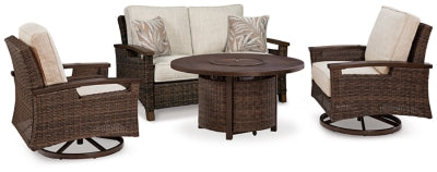 Outdoor Loveseat, Lounge Chairs and Fire Pit Table