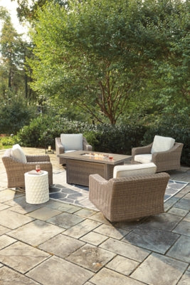 Beachcroft Fire Pit Table with Four Nuvella Swivel Lounge Chairs