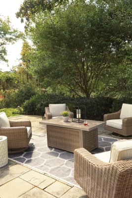 Beachcroft Fire Pit Table with Four Nuvella Swivel Lounge Chairs